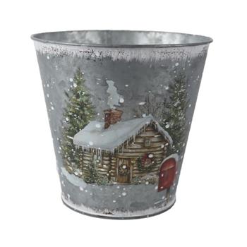 Obal kulatý plechový s domem v zimní krajině šedý 14,5cm