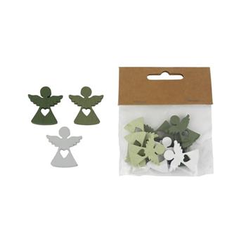 Přízdoba anděl dřevěný se srdcem bílá/zelená mix 3cm/9ks