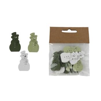 Přízdoba sněhulák s kloboukem dřevěný bílý/zelený 9ks