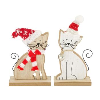 Kočka dřevěná s čepicí na podstavci bílá/přírodní mix 16cm