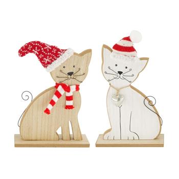 Kočka dřevěná s čepicí na podstavci bílá/přírodní mix 29cm