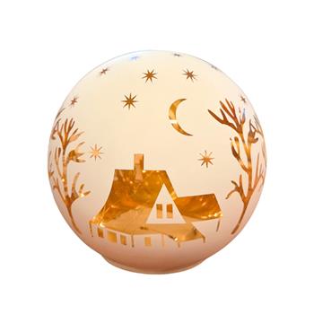 Koule skleněná svítící s domky, stromy a hvězdami LED t.bílá bílá 11,5cm
