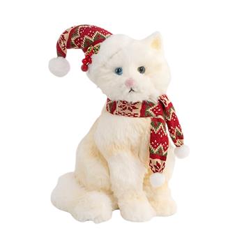 Kočka sedící s čepicí a šálou plyšová krémová 32cm