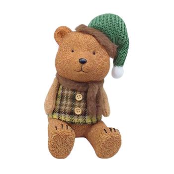 Medvěd sedící polyresinový s pletenou čepicí 20cm