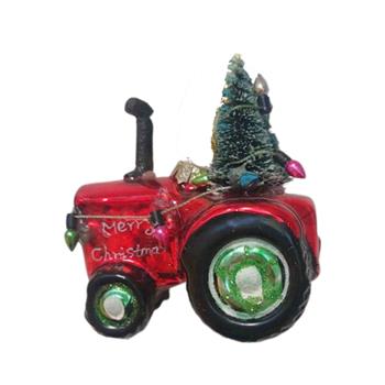 Ozdoba skleněný traktor se stromkem zeleno-červený 8cm