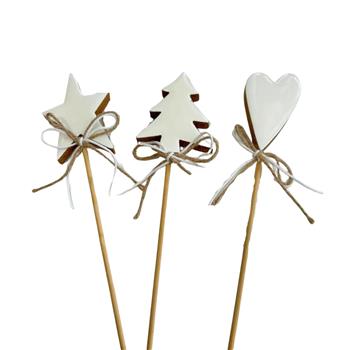 Zápich dřevěný - hvězda/srdce/strom bílý 27cm