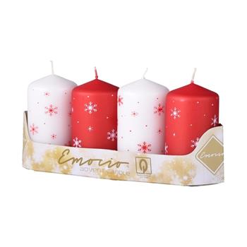 Svíčka válcová s vločkami bílá/červená 9cm/4ks