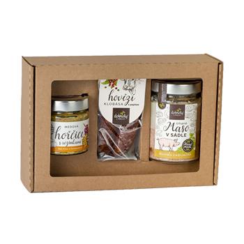 Dárková sada vepřového masa v sádle, hovězí klobásy a medové hořčice 3ks