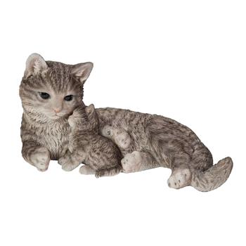 Kočka s mládětem ležící polyresinová šedá 35cm