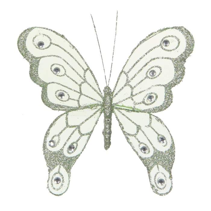 Levně Motýl na klipu organza s glitry 20cm zelená